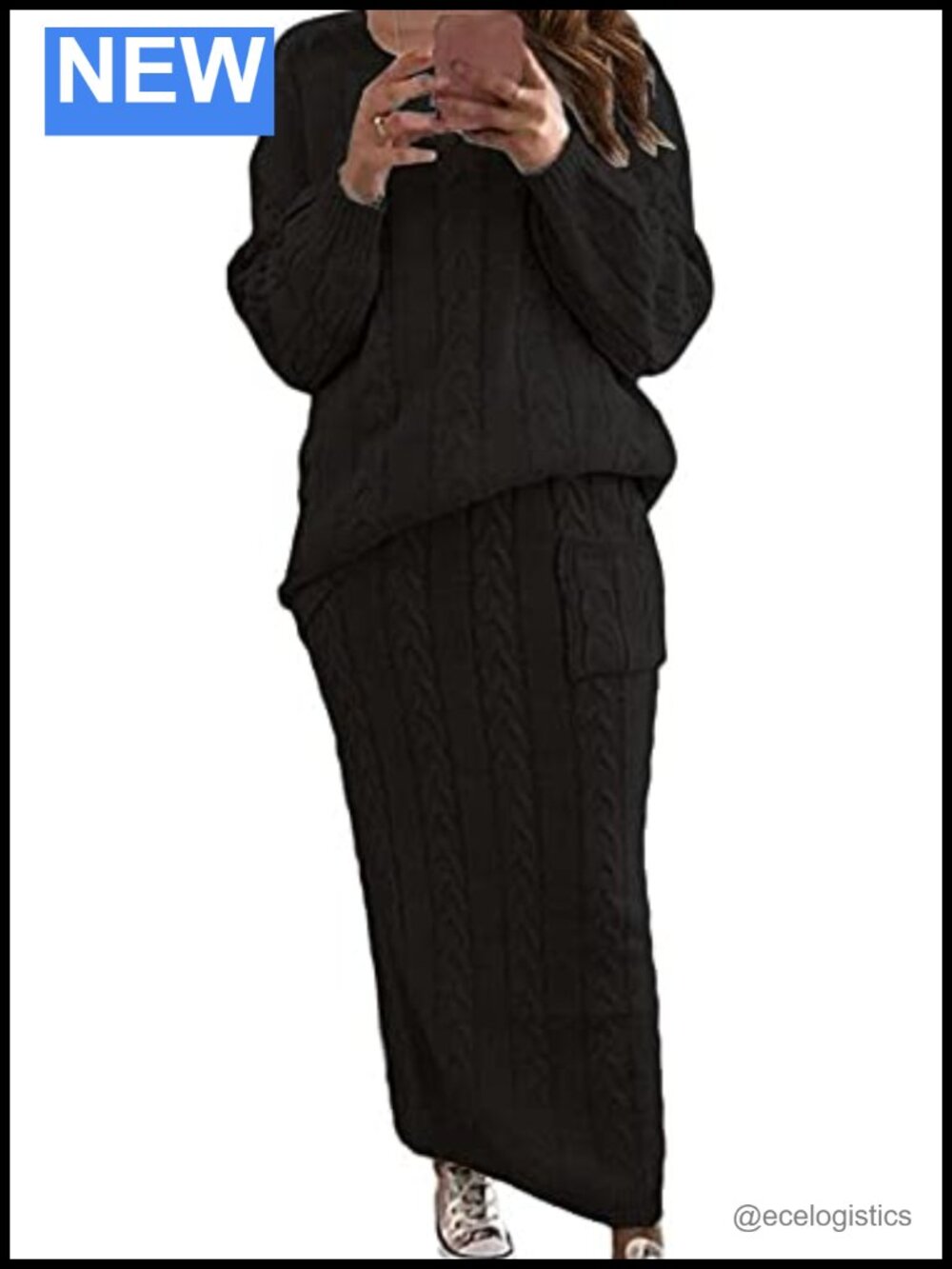 Women's Chunky Cable Knit 2 Piece Sweater Skirt Set Long Sleeve Pullover